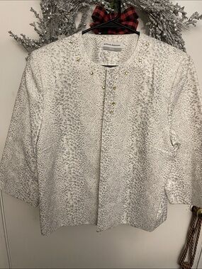Alfred Dunner White Textured Round-Neck Jacket with Subtle Beading